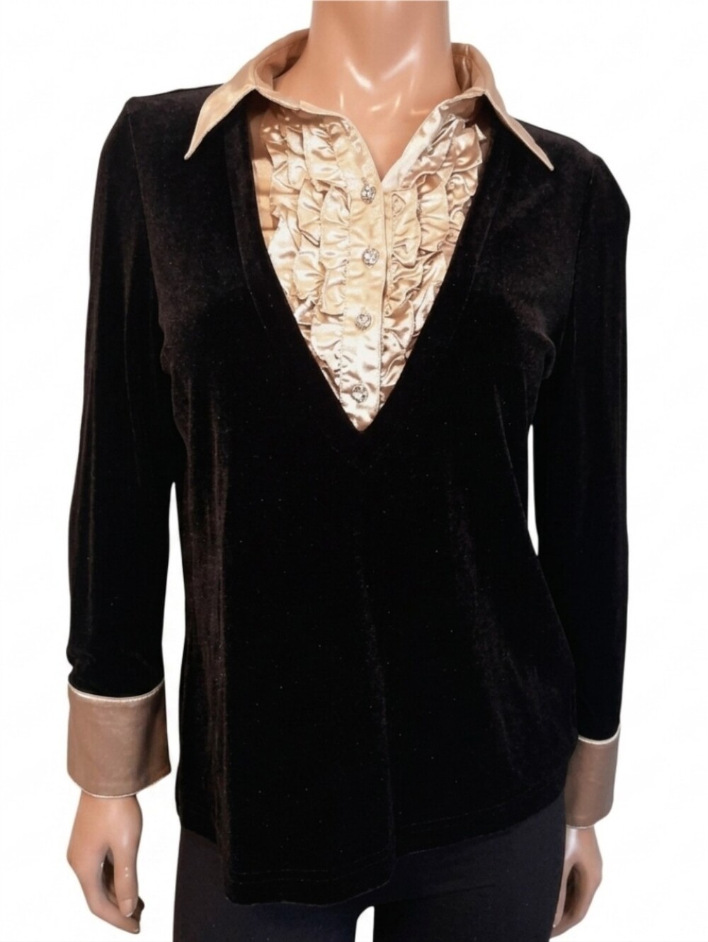 Vintage 90s Tanjay Ruffled Satin Velvet Layered Sweater Metallic Gold